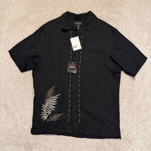 Linen Blend Button Down Shirt Axcess Mens M Black Embroidered Tropical NWT New